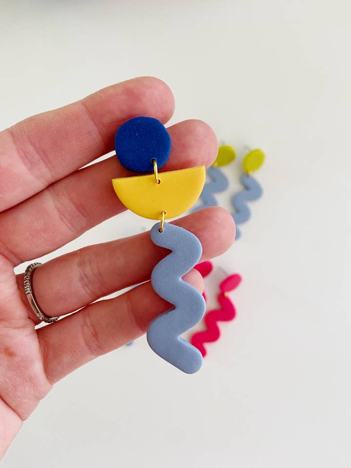 Blue and Green Squiggle Clay Earrings, Blue Clay Earrings, Modern Statement Earrings for wholesale by ClayThings Shoppe