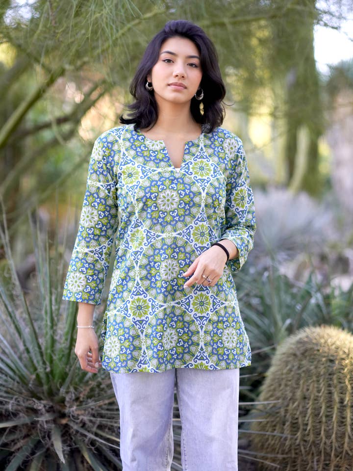 Riley Cotton Kurta Tunic Teal Olive for wholesale on Faire