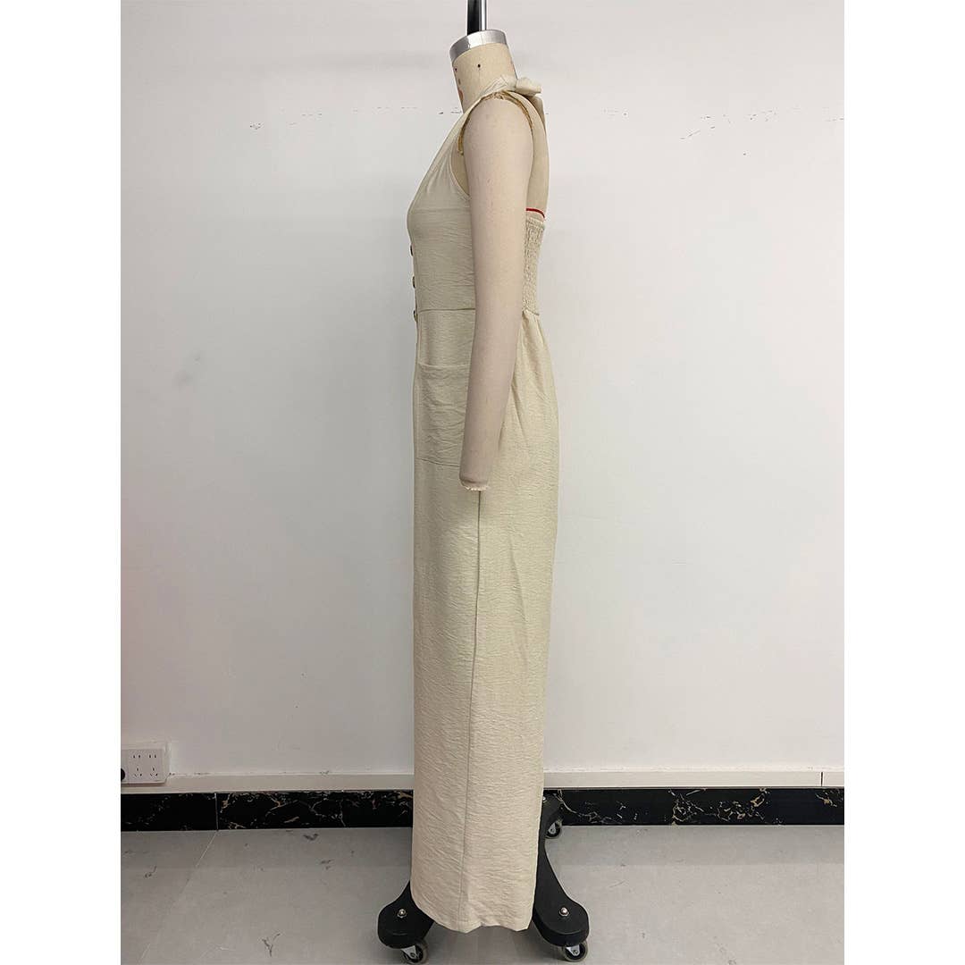 Caqui Mono casual de pierna ancha, adelgazante, con cuello halter y diseño sólido BFZY1438 de venta al por mayor en Faire7