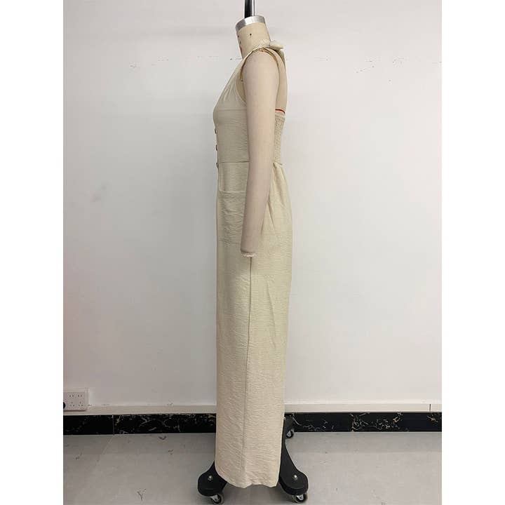 Caqui Mono casual de pierna ancha, adelgazante, con cuello halter y diseño sólido BFZY1438 de venta al por mayor en Faire7