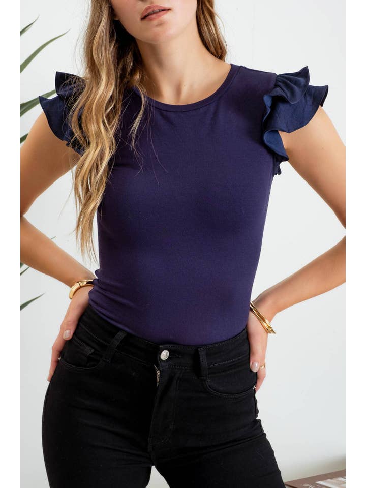 MINE - Wholesale Knit Top - Women's - SOLID RUFFLE FLUTTER SLEEVE KNIT TOP