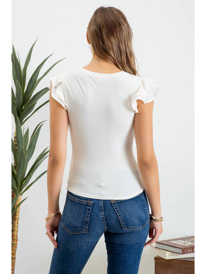 MINE - Wholesale Knit Top - Women's - SOLID RUFFLE FLUTTER SLEEVE KNIT TOP