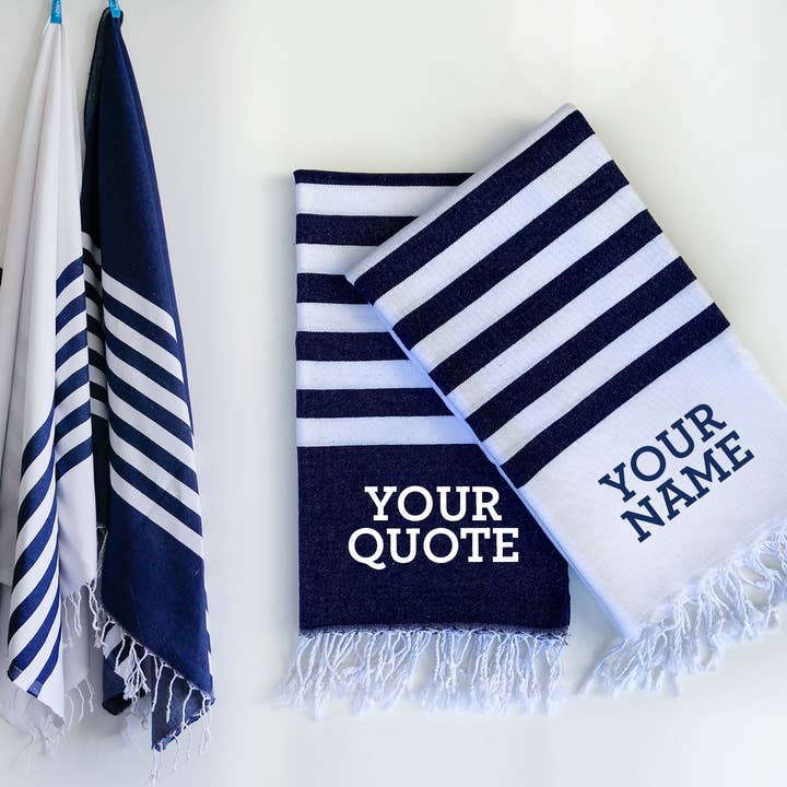 Cotton Beach and Bath Towels Set of 2- White and Navy for wholesale by Living Roots