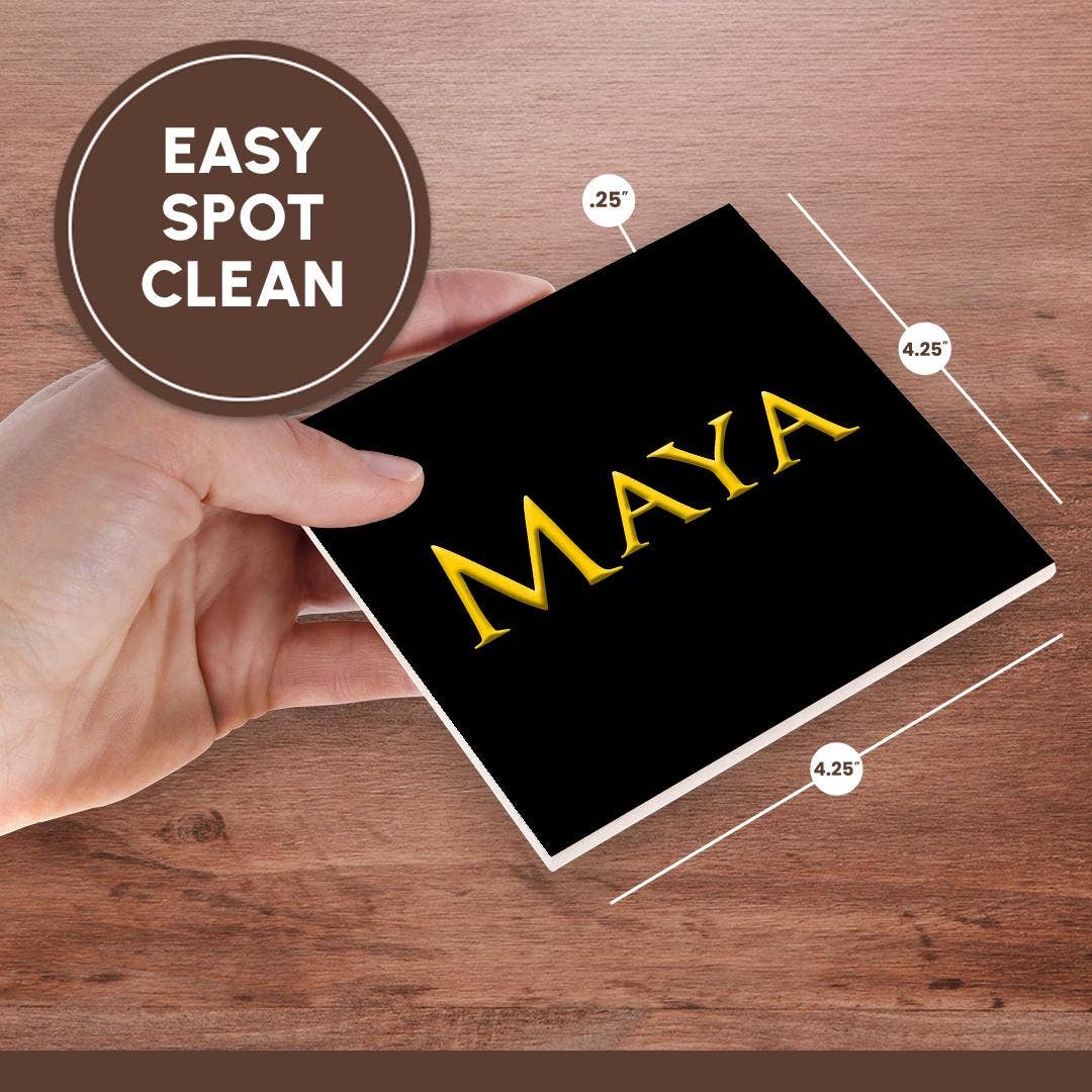 3dRose - Wholesale Coasters - 3dRose, Maya common woman name in the America. Yellow on black charm gift, Coaster6