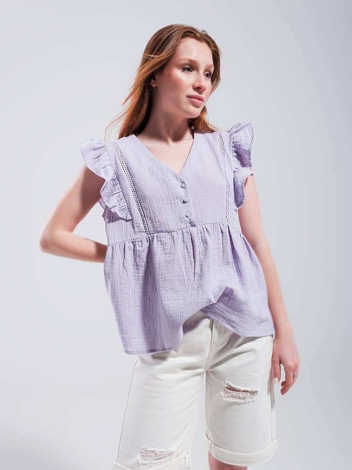 Cotton tank top with ruffle sleeves in lilac for wholesale by Q2—All Orders:Free Duties for the US,UK,and Canada