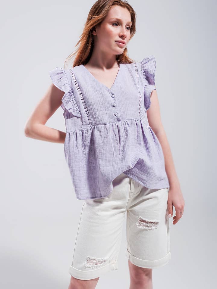 Tanktop aus Baumwolle mit Rüschenärmeln in Flieder für den Großhandel von Q2—All Orders:Free Duties for the US,UK,and Canada