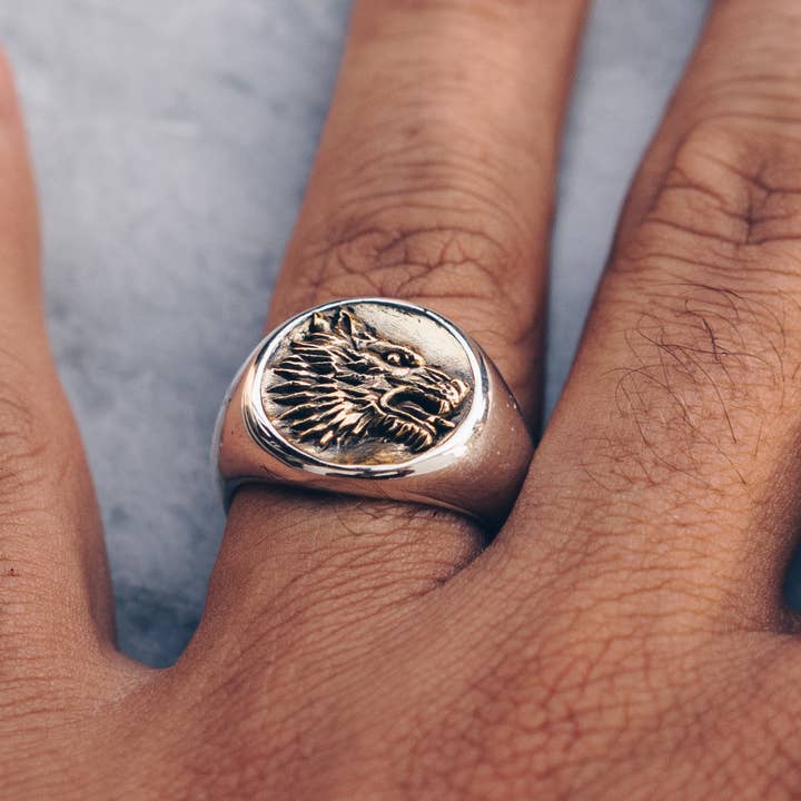 JewelryLab - Wholesale Signet Ring - Wolf Ring - 925 Sterling Silver with brass Emblem8
