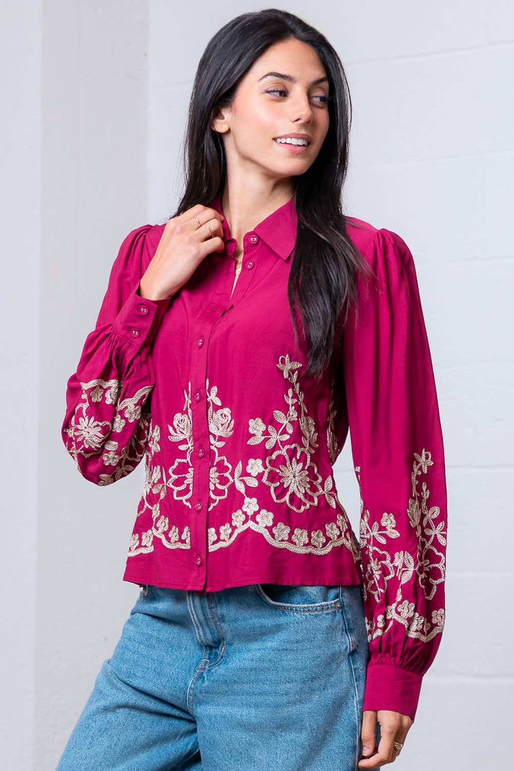 Taelynn - Wholesale Button Down Shirt - Women's - HT28837T-LONG SLV WITH COLLAR BUTTON DOWN FLOWER EMBO SHIRT9