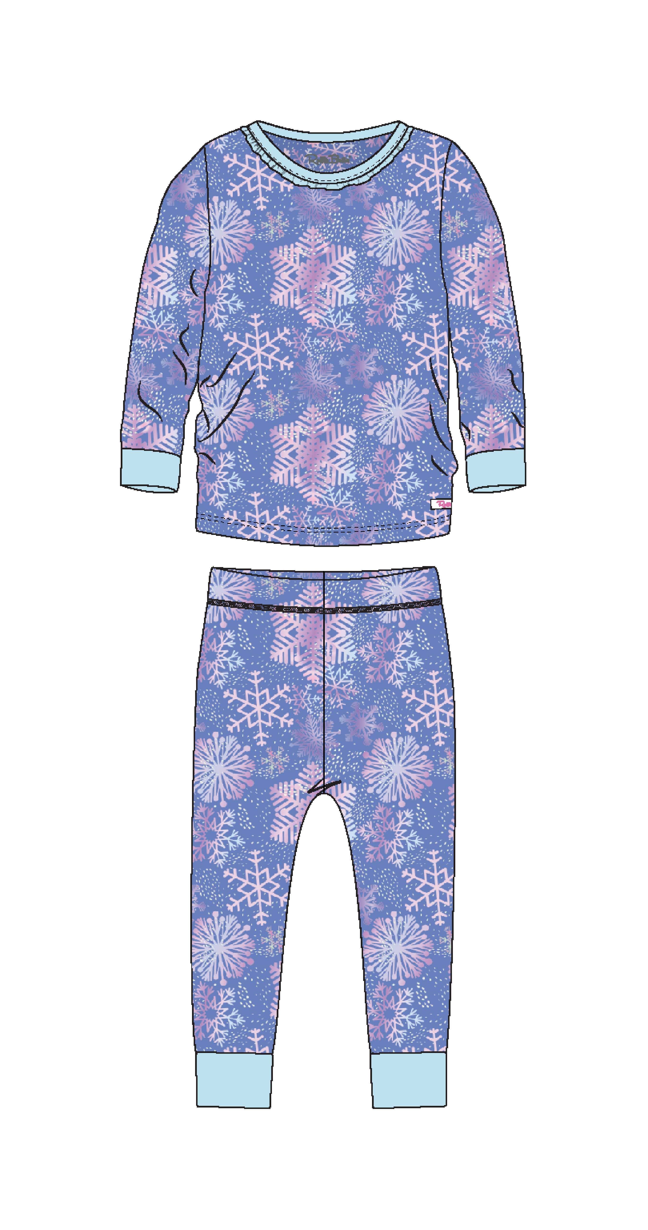 Blue SoftSnooze™ Girls Cotton Modal Shimmer Snowflakes Ruffle Long Sleeve Pajama Set for wholesale on Faire0