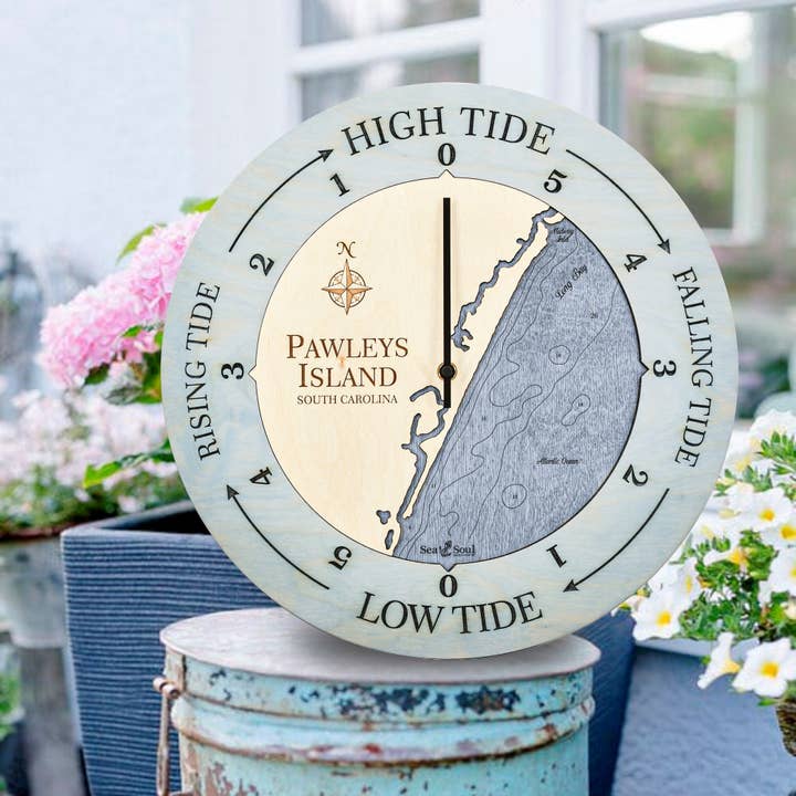 Pawleys Island Tide Clock Nautical Wood Map - 2 Sizes for wholesale by Sea & Soul Nautical Chart Art