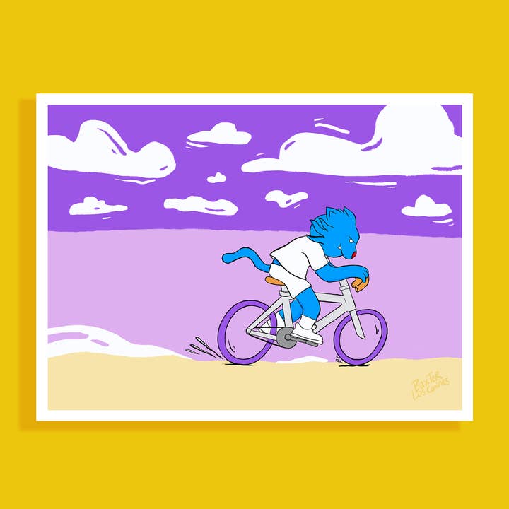 Poster decorativo a forma di gatto blu per andare in bicicletta in riva al mare, 30x40 cm per la vendita all'ingrosso da parte di Les éditions Astrocoon