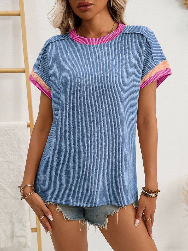 Lovesoft - Wholesale Knit Top - Women's - Relaxed Fit Round Neck Color Block Summer T Shirt