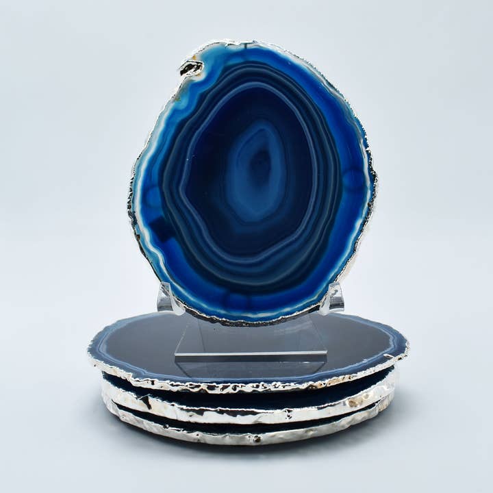 Large Natural Agate Coaster Set of 4 - Luxury Silver Trim for wholesale by Olympus Minerals Co