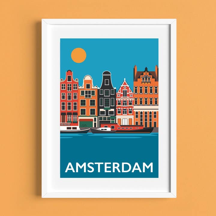 Amsterdam Travel Poster Print for wholesale by Rebecca Pymar