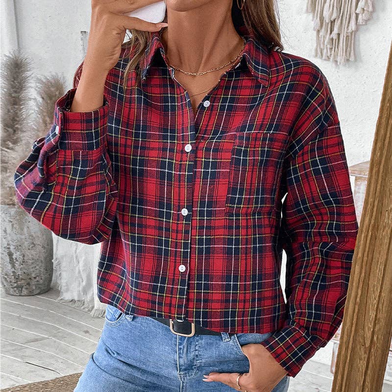 Red Spring and autumn retro lapel plaid shirt women's jacket for wholesale on Faire0