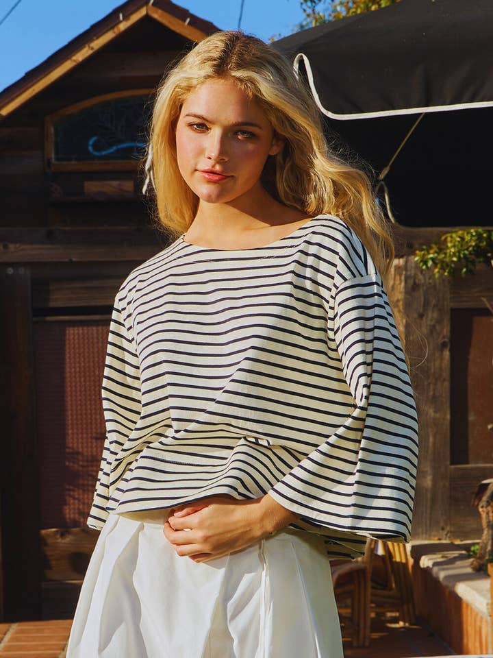 Black Off white IT2434 Boat Neck Oversized Striped Crop T-shirt for wholesale on Faire