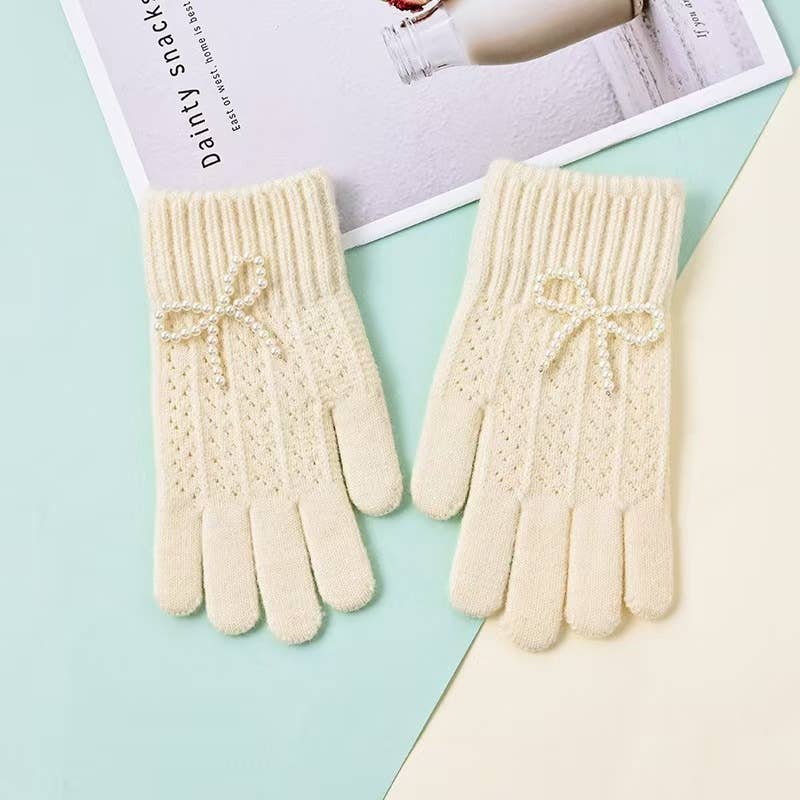 Little Trendy - Vente Gants – femme - Gants chauds en tricot Pearl Bow Sweet Knitted pour femmes0