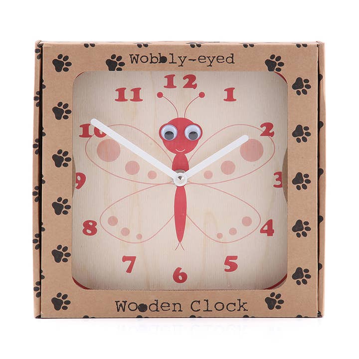 Children's Wooden Butterfly Clock with Googly Eyes for wholesale by Stripey Cats Cards