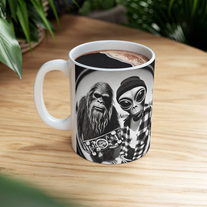 90s Skateboard Bigfoot Alien Novelty Coffee Mug (11oz) for wholesale by Midnight Myth