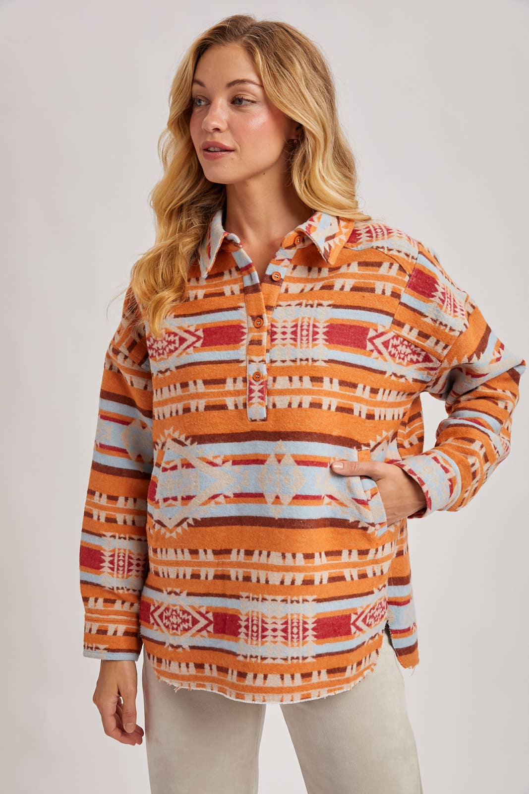 Bluivy - Vendita all'ingrosso Giacca a camicia - Donna - MAGLIONE PULLOVER CON STAMPA GEOMETRICA OCCIDENTALE E MEZZA ABBOTTONATURA1