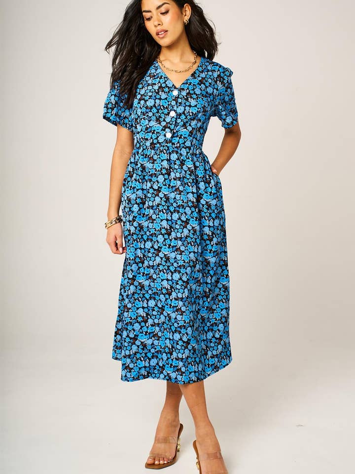 Floral Print Button Front Midi Dress In Royal Blue for wholesale by FS Collection