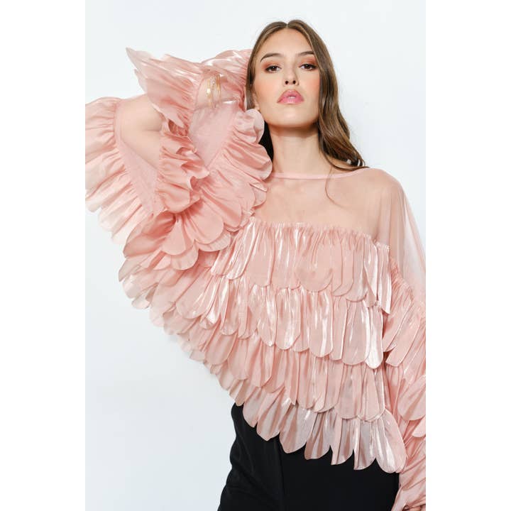 Skinnende organza bluse med bølgekant og lag af flæser for engroshandel hos INA