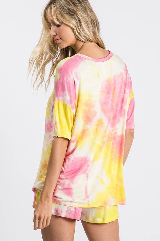 Yellow Pink Tie-Dye High-Waisted Lounge Shorts, WP9465 for wholesale on Faire4