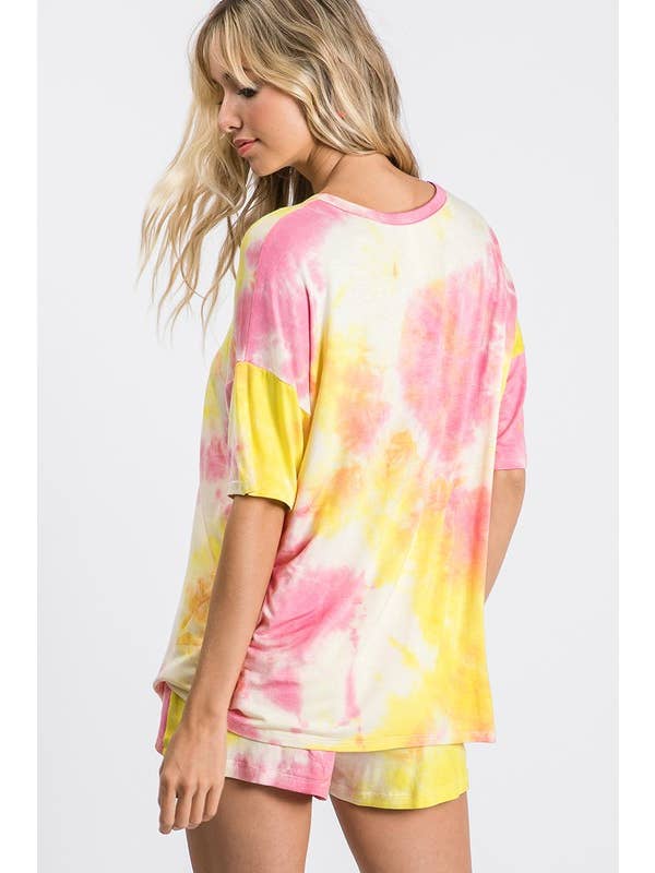 Yellow Pink Tie-Dye High-Waisted Lounge Shorts, WP9465 for wholesale on Faire4