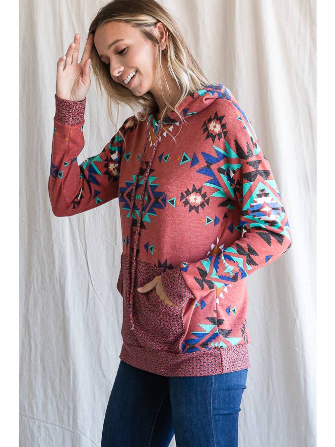 7th Ray - Vendita all'ingrosso Felpa con cappuccio - Donna - Felpa con cappuccio da donna con stampa azteca e coulisse T43377