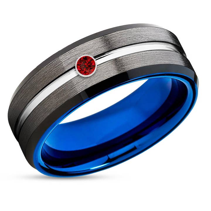Ruby Wedding Band - Blue Wedding Ring - Gunmetal Tungsten Ring - Wedding Band for wholesale by Lucky Love Rings