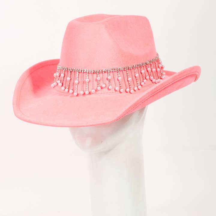 Collections by Fame Accessories - Wholesale Cowboy Hat - Women's - Rhinestone And Pearly Fringe Band Western Cowboy Hat