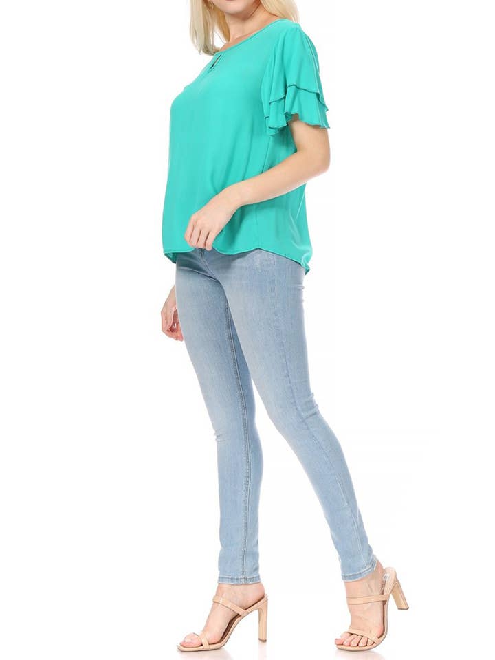 MOA COLLECTION - Wholesale Blouse - Women's - Casual Solid Flowy Short Flutter Sleeve Key Hole Blouse15