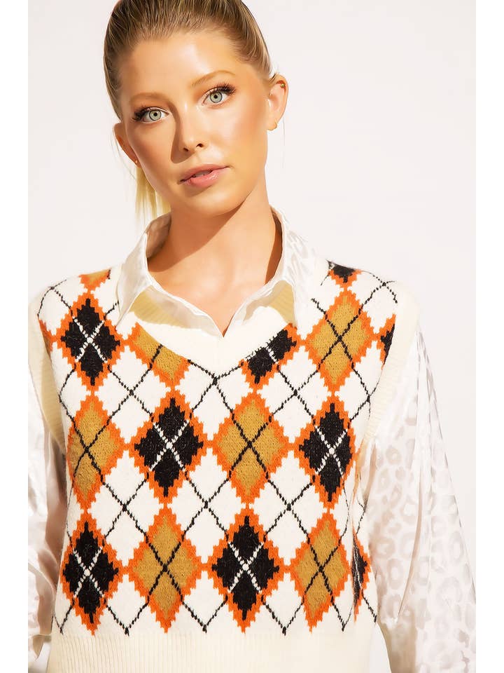 Sweet Generis - Venta al por mayor Chaleco de punto - Mujer - CHALECO CON CUELLO EN V Y PATRÓN DE ARGYLE DE PUNTO GRUESO14