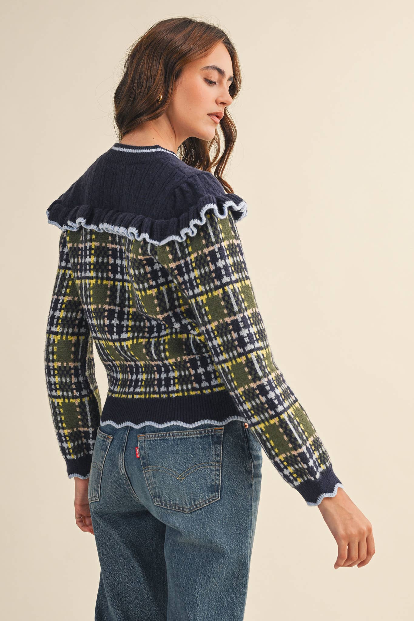 &MERCI - Wholesale Cardigan - Women's - RUFFLED YOKE PLAID SWEATER CARDIGAN MSW1118515