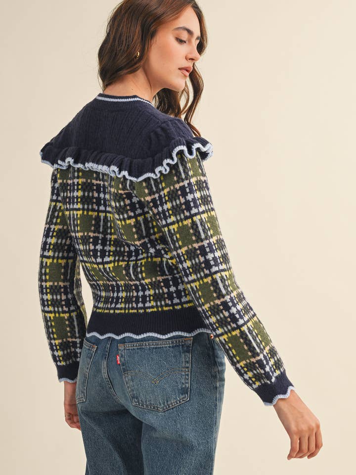 &MERCI - Wholesale Cardigan - Women's - RUFFLED YOKE PLAID SWEATER CARDIGAN MSW1118515