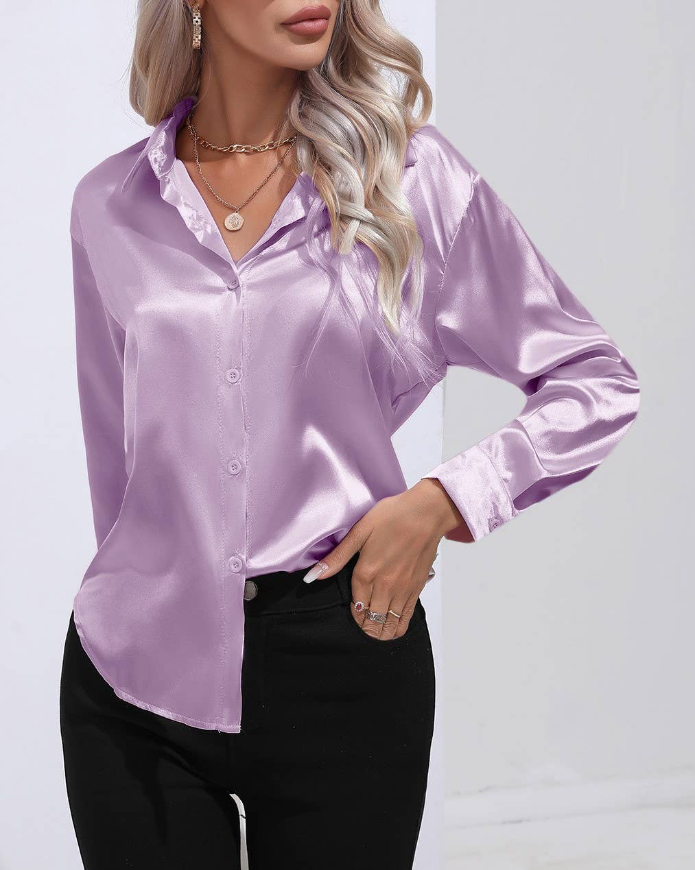 HIDDENBRAND - Wholesale Button Down Shirt - Women's - Satin Faux Silk Long-Sleeved Shirt28
