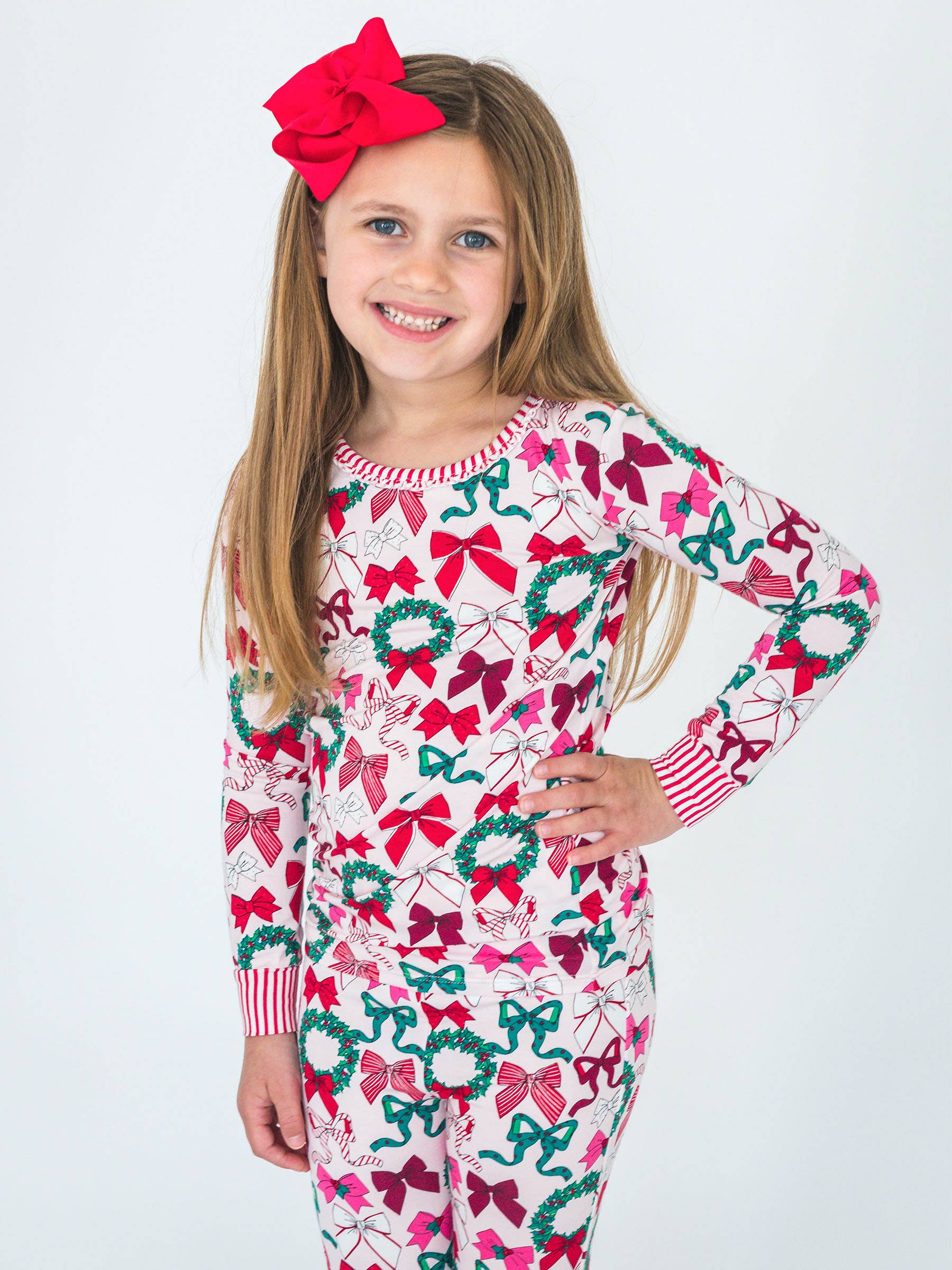 Pink SoftSnooze™ Girls Bamboo Viscose Holly Bows Ruffle Long Sleeve Pajama Set for wholesale on Faire0