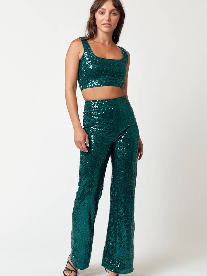 SHINY DK TURQUOISE IBS26959 Sequins Cropped Top and Pants Set for wholesale on Faire1