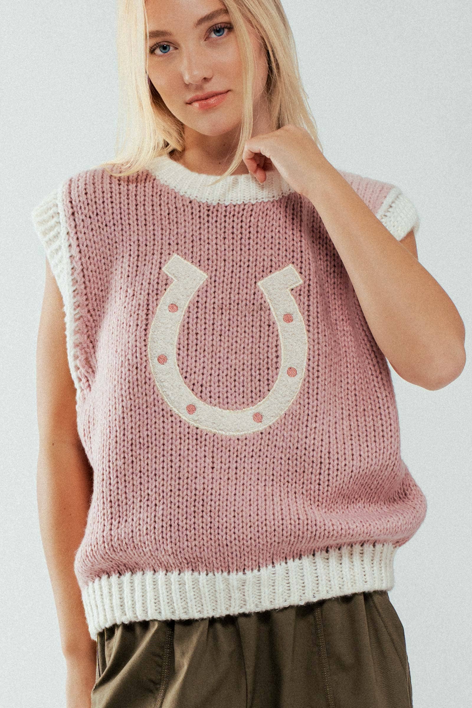 Urban Daizy - Wholesale Sweater Vest - Women's - Western Horseshoe Crochet Knit Ribbed Trim Sweater Vest19