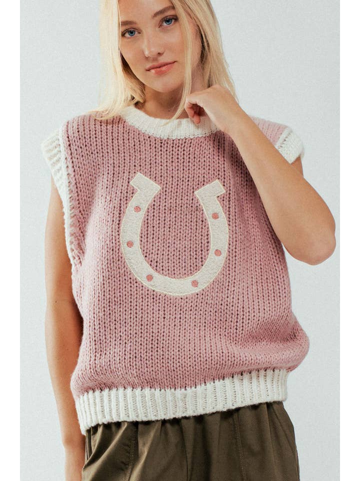 Urban Daizy - Wholesale Sweater Vest - Women's - Western Horseshoe Crochet Knit Ribbed Trim Sweater Vest19