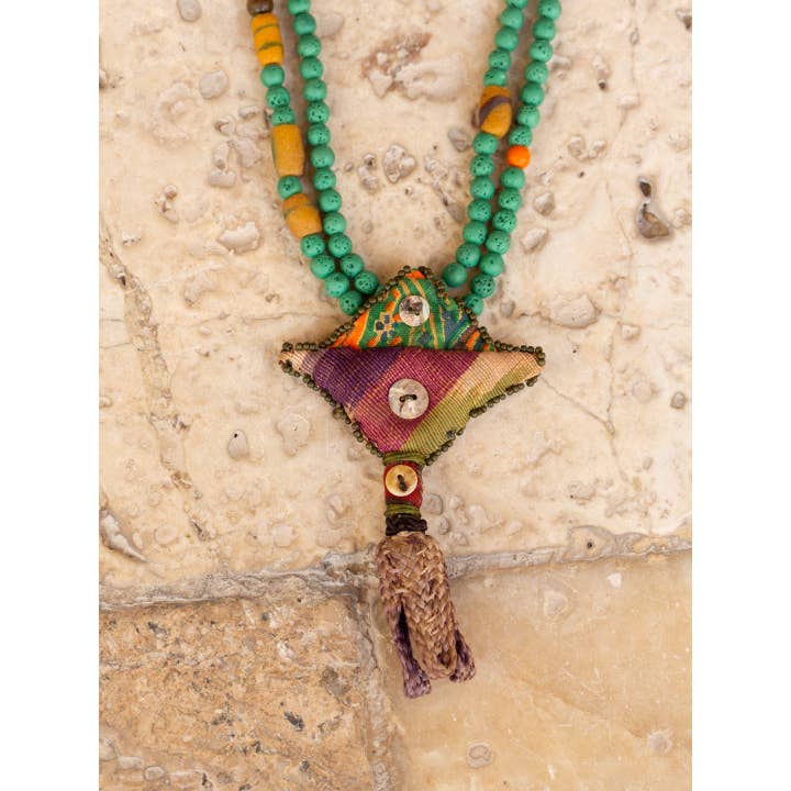TABOO FASHION - Wholesale Pendant/charm necklace - Turquoise Larva Beads with fabric ornament4