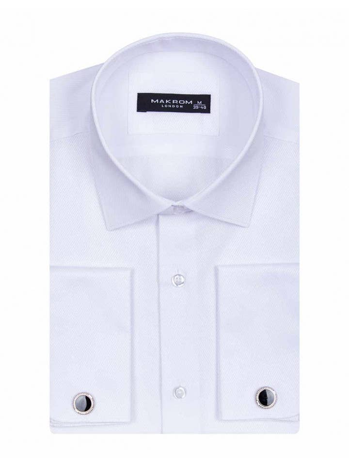 White Casual Twill Double Cuff Long Sleeve Shirt for wholesale by Makrom