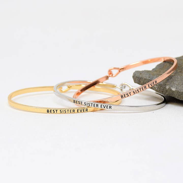 BEST SISTER EVER | Inspired Message Engraved Simple Bangle | for wholesale by Curated Trinkets