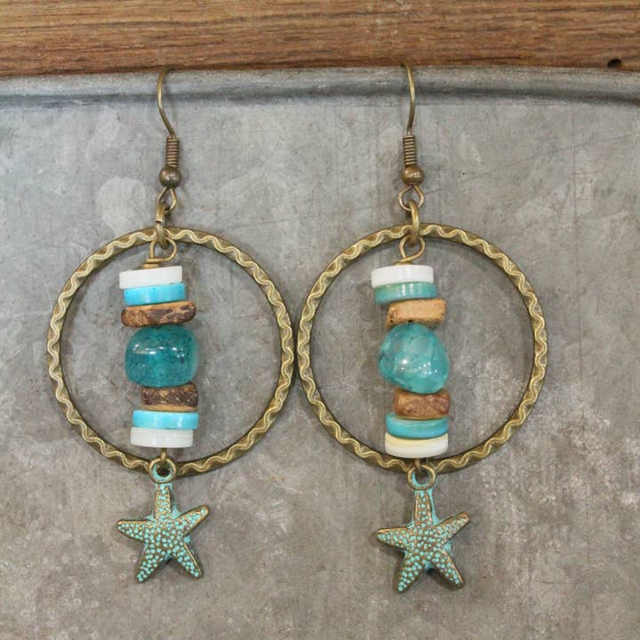 The Primitive Peddler, Inc. - Wholesale Dangle Earrings - Shell & Star Patina Bronze Dangle Earrings