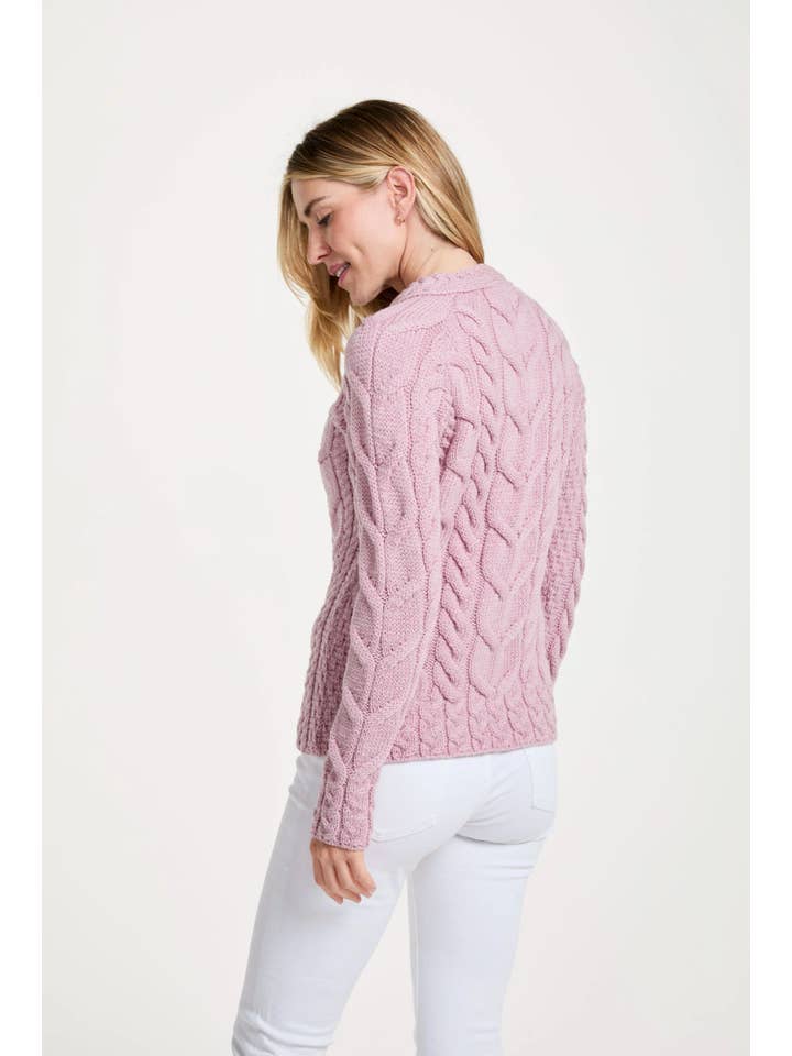 Aran Woollen Mills - Wholesale Knit Sweater - Women's - Listowel Ladies Aran Cabled Sweater - Blush Pink4