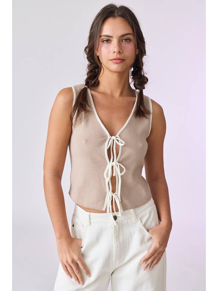 Taupe White PT50405 - Audrey Front Tie Sweater Knit Top for wholesale on Faire