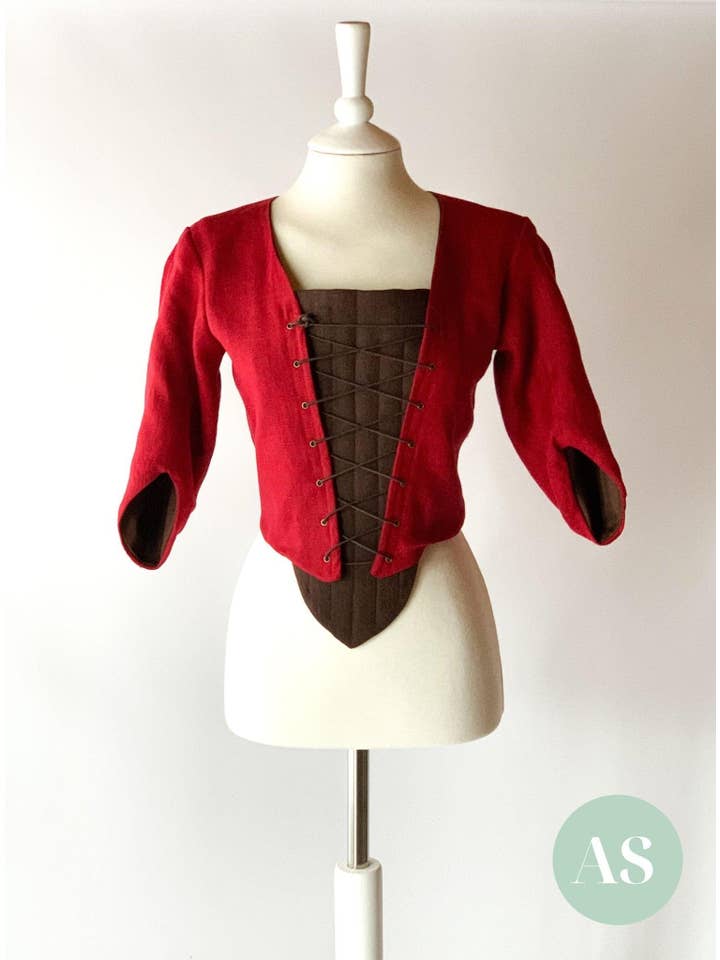 Atelier Serraspina - Vente Déguisement – femme - DORINE, corsage paysan en lin rouge cerise1