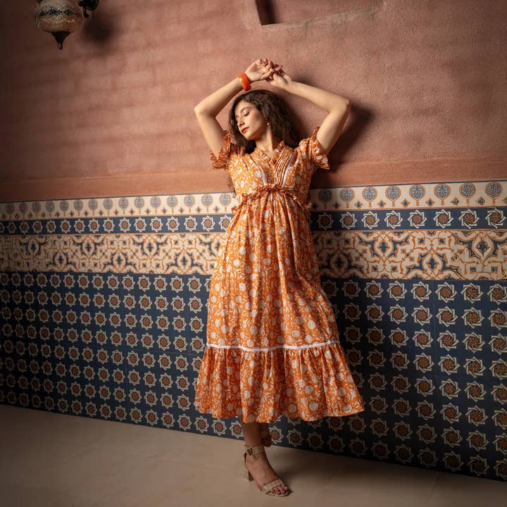 Midi Kjole | Orange | Pufærmer | Blokprint Kjole | Esme for engroshandel hos Echo of Pink