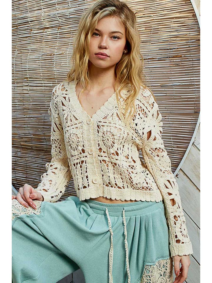 Pol Clothing - Wholesale Cardigan - Women's - V neck long sleeve cropped crochet cardigan