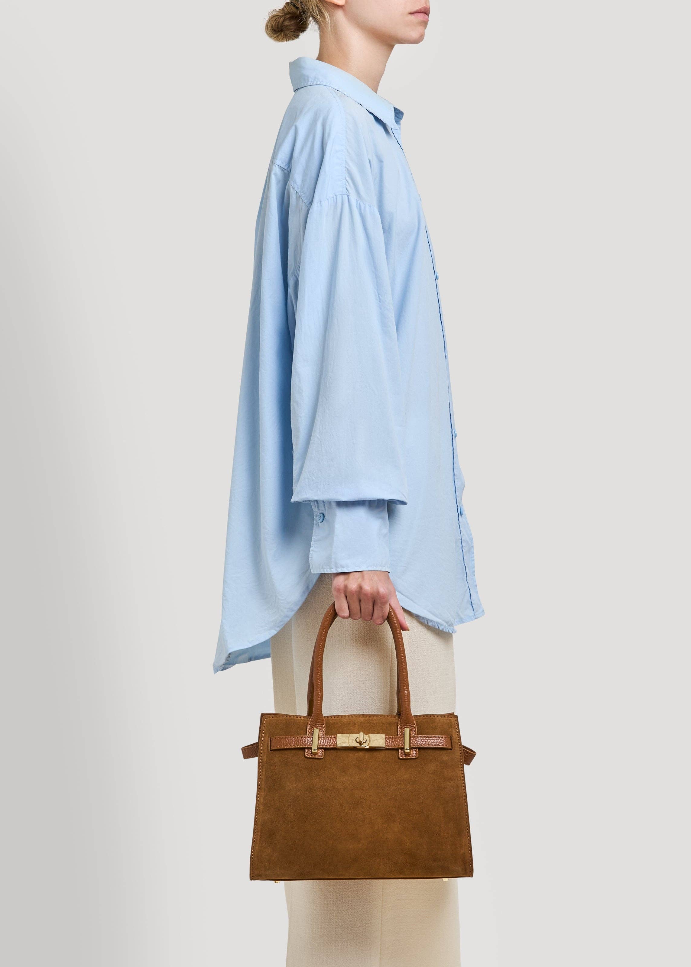 Prestige Milano - Wholesale Tote Bag - Women's - Borsa Grace in camoscio color cuoio e pelle Togo6